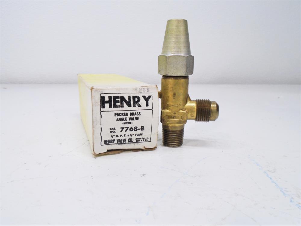 LOT of (3) Henry Packed Brass Angle Valves, 1/2" MPT x 5/8" Flare, #7768-B